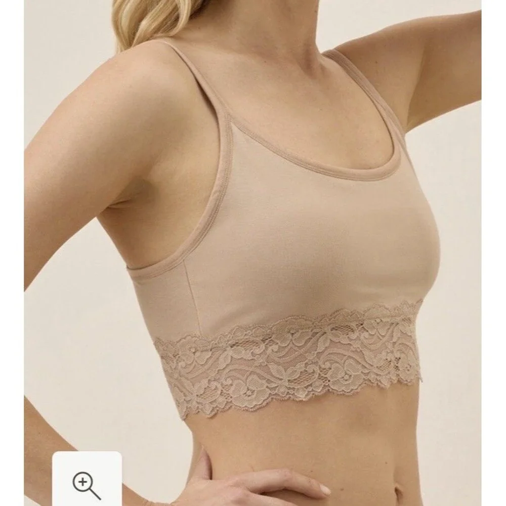 Pact Women's Organic Sustainable Cotton Lace Trim Bralette Beige Nude Comfy Sz M